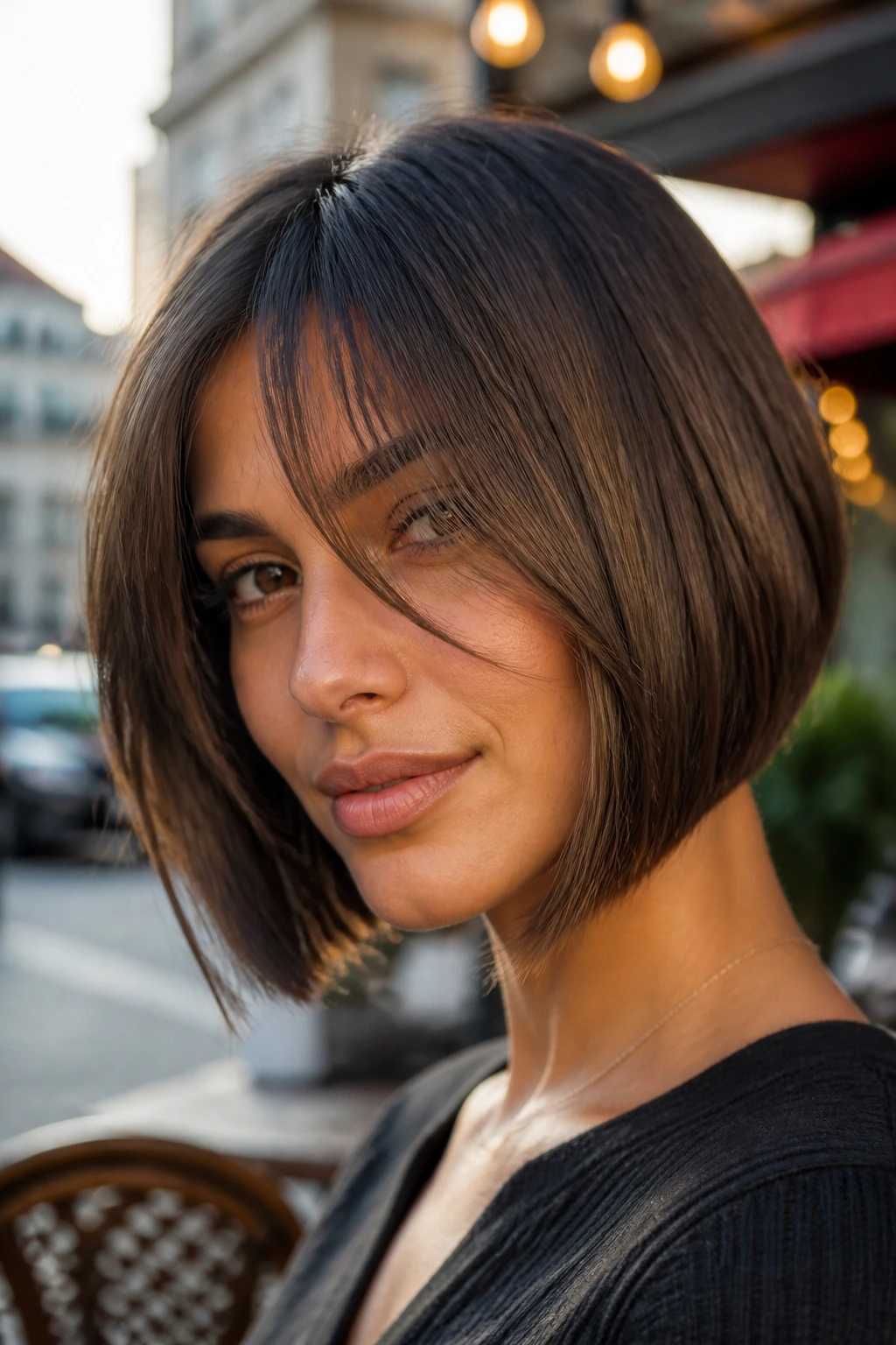 Close-up of a real woman with curtain fringe inverted bob