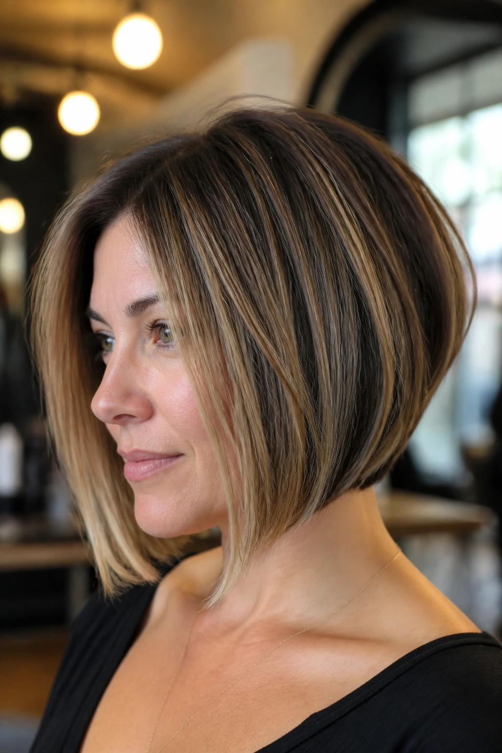 Close-up portrait of a woman with inverted bob and face-framing highlights