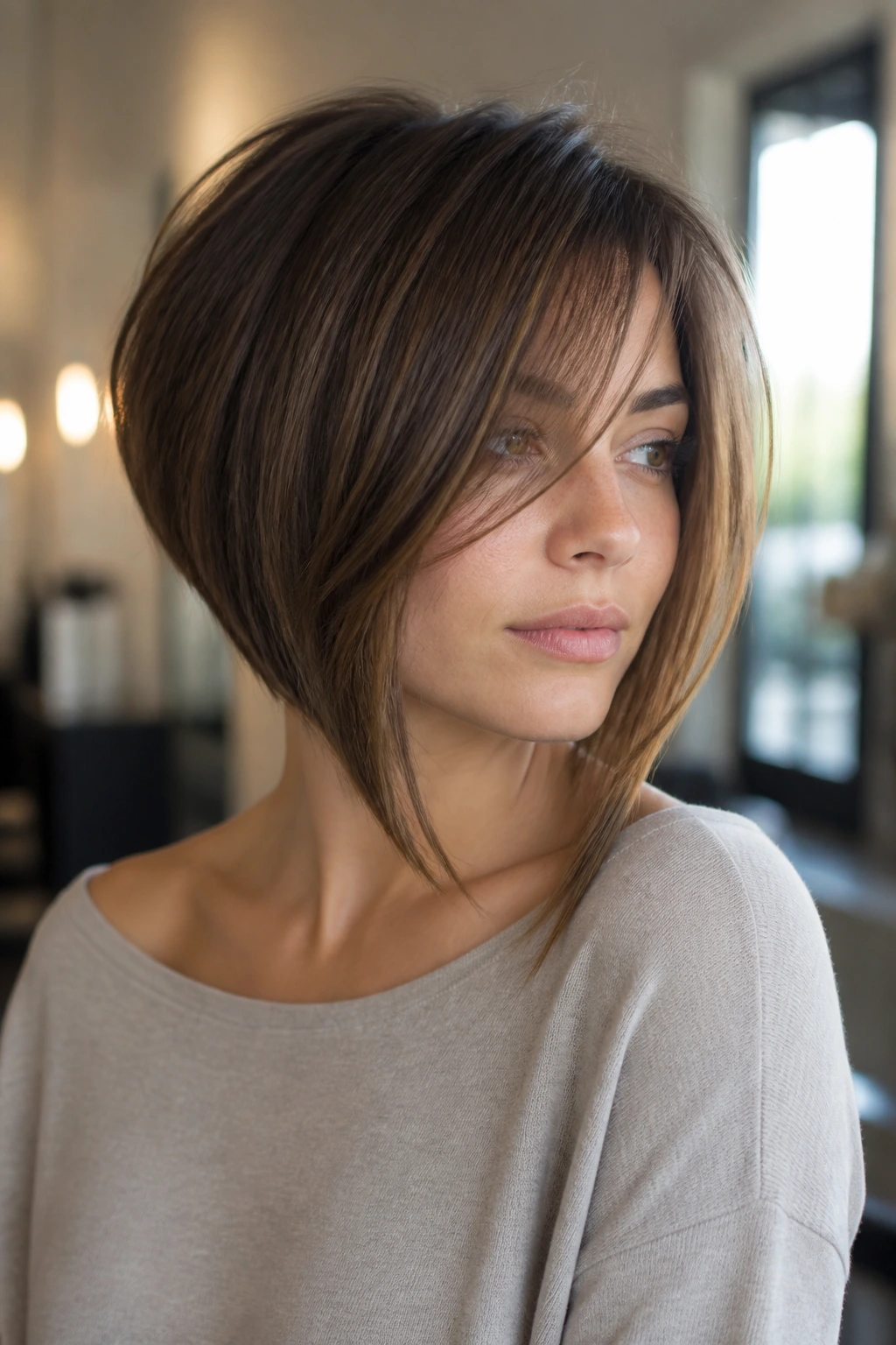 Medium close-up of a real person with inverted bob and long face-framing bangs