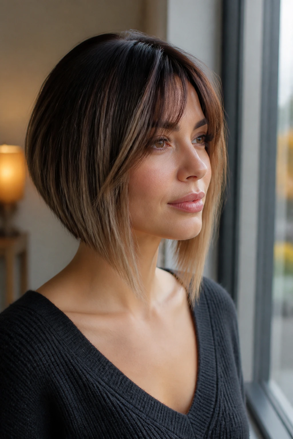 Close-up portrait of a real woman with an inverted bob and longer fronts near a window.