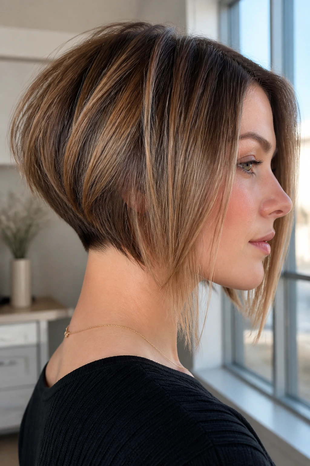 Real woman with nape-grazing inverted bob showing dramatic short nape and longer front.