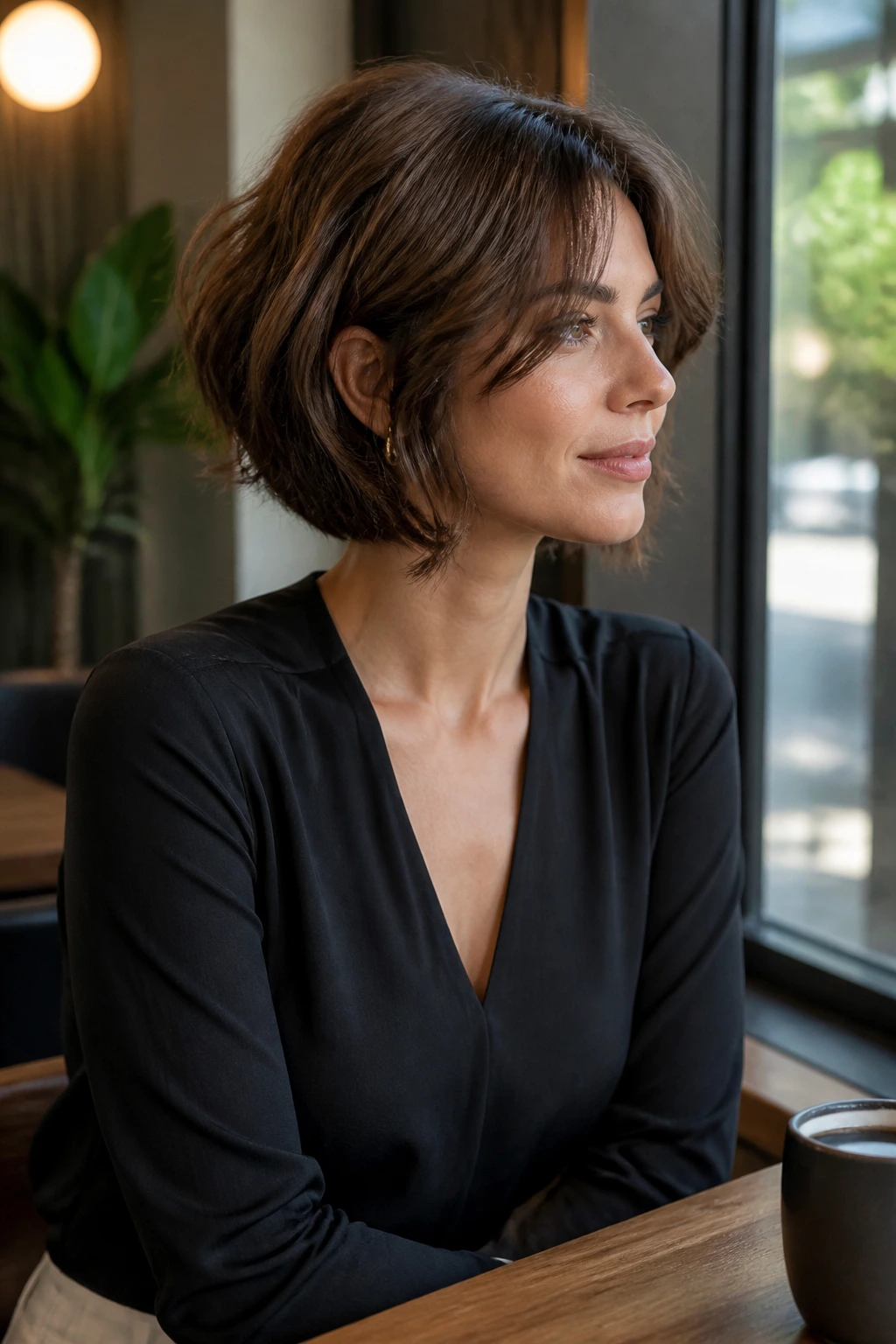 Portrait of real woman with inverted bob and minimalist earrings in a stylish setting.