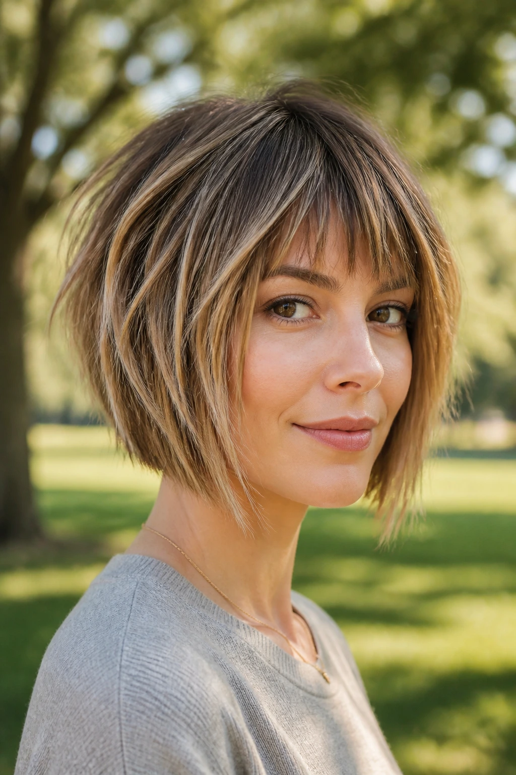 Close-up portrait of a real woman with a choppy inverted bob and piecey bangs.