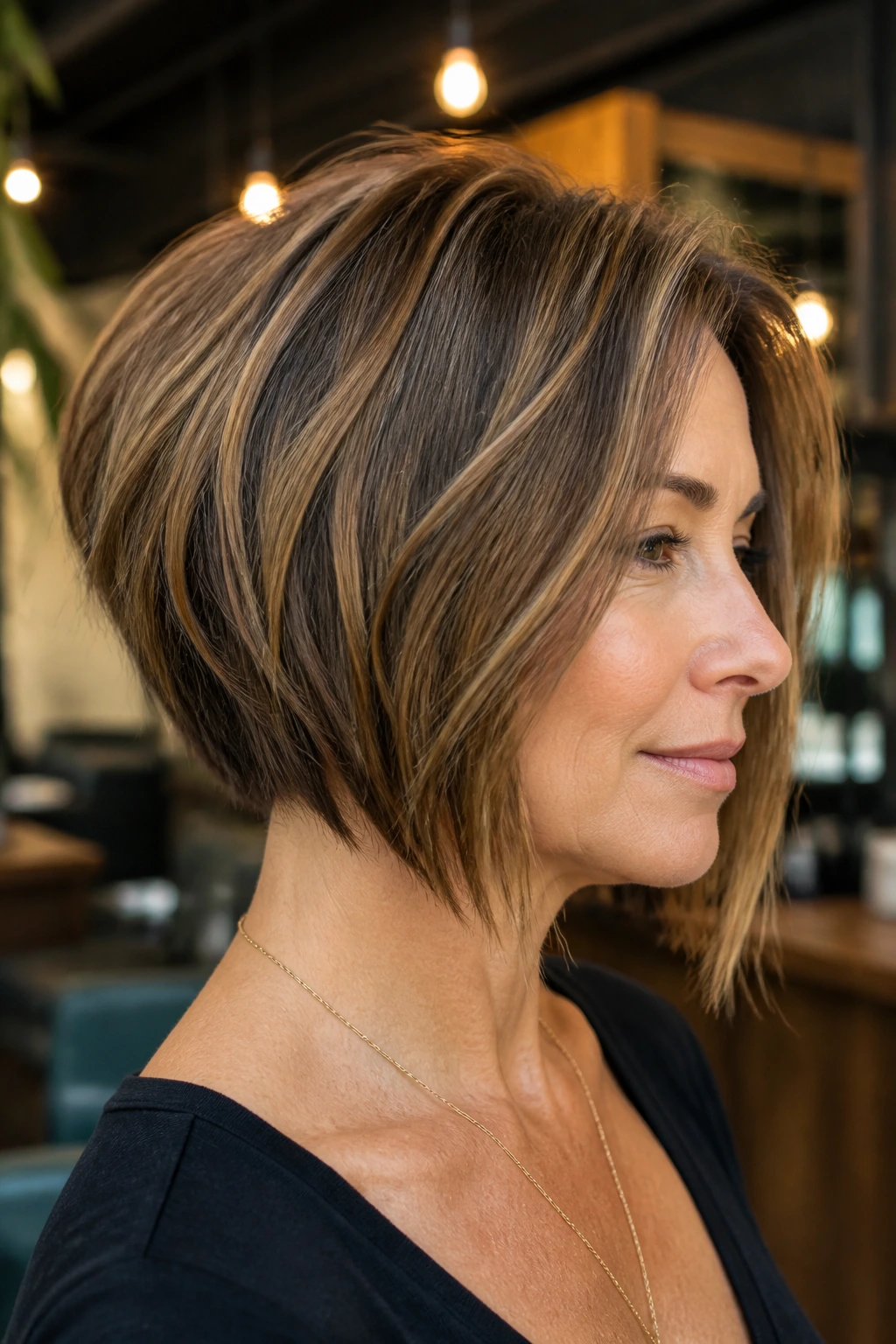 Close-up of a woman with a classic inverted bob showing stacked back and longer front pieces.