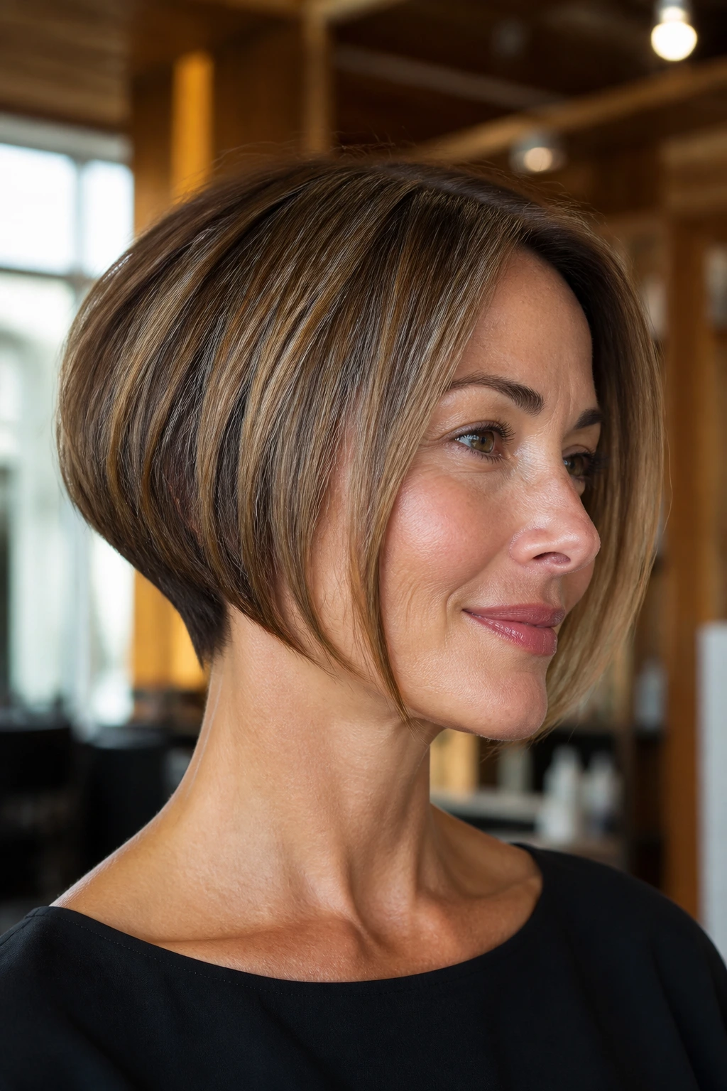 Close-up of a real woman wearing an inverted bob with a short nape and longer front pieces in a salon setting.