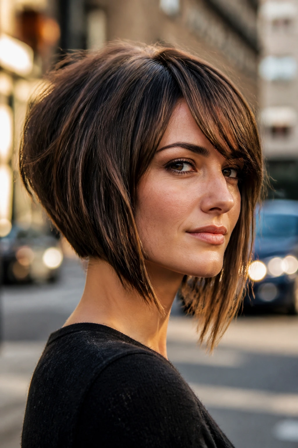 Portrait of a woman with a choppy inverted cut and side-swept bangs on an urban street.