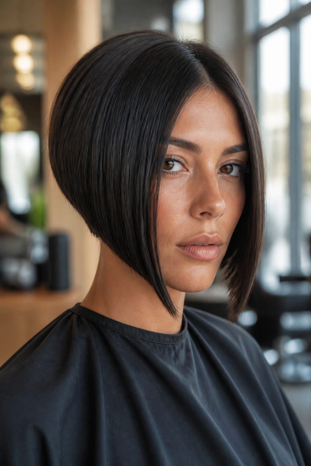 Close-up of a real woman with a sleek inverted bob showing a sharp back angle