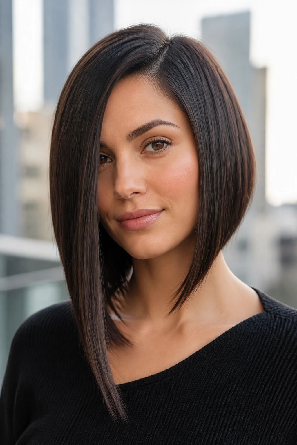 Portrait of a real woman with inverted bob for round face elongating the silhouette