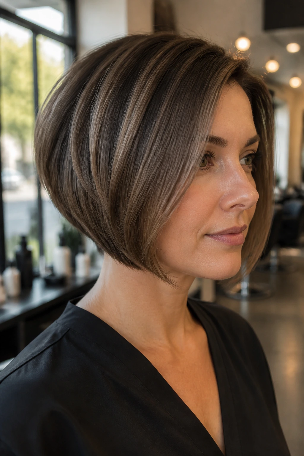 Portrait of a real person with a rounded inverted bob in a bright salon