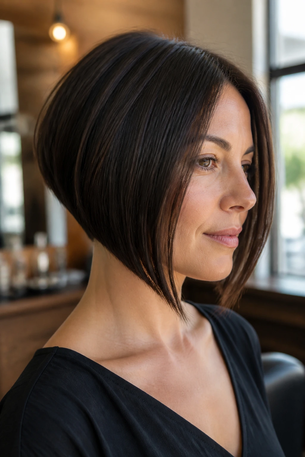 Close-up of a real woman with a sharp inverted bob in a chic salon