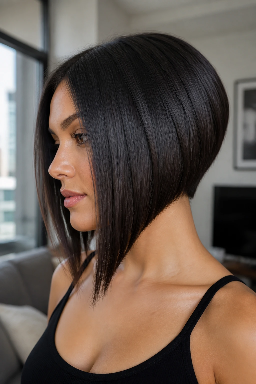 Close-up of a real woman with a sharp-angled inverted bob highlighting the nape and chin-length front panels