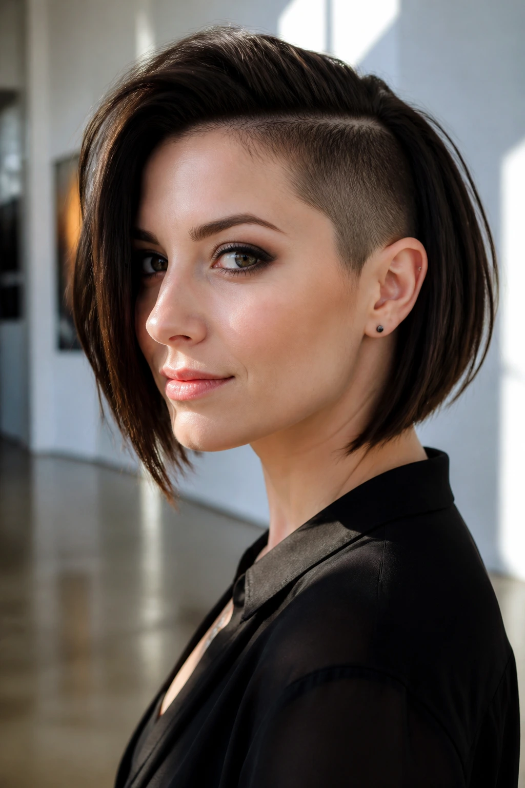 Close-up of a person with an inverted bob and shaved side panel
