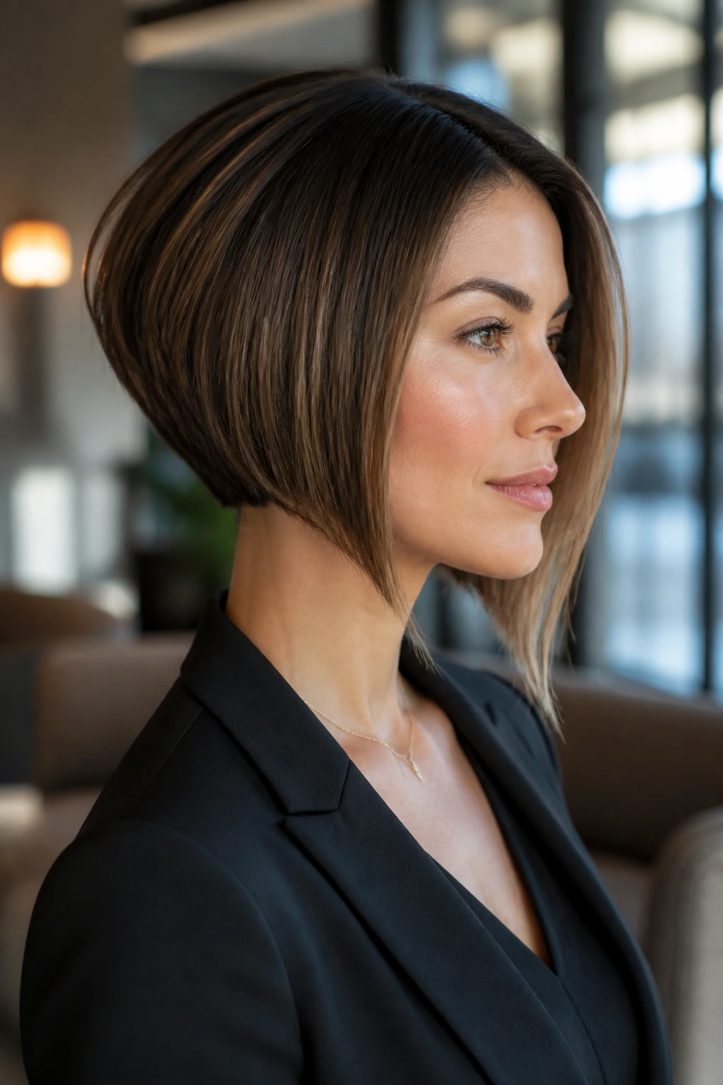 Real woman with inverted bob front longer, back short