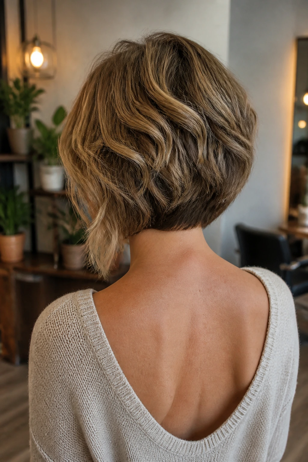 Back-view portrait of a real woman with softly tapered inverted bob and waves.