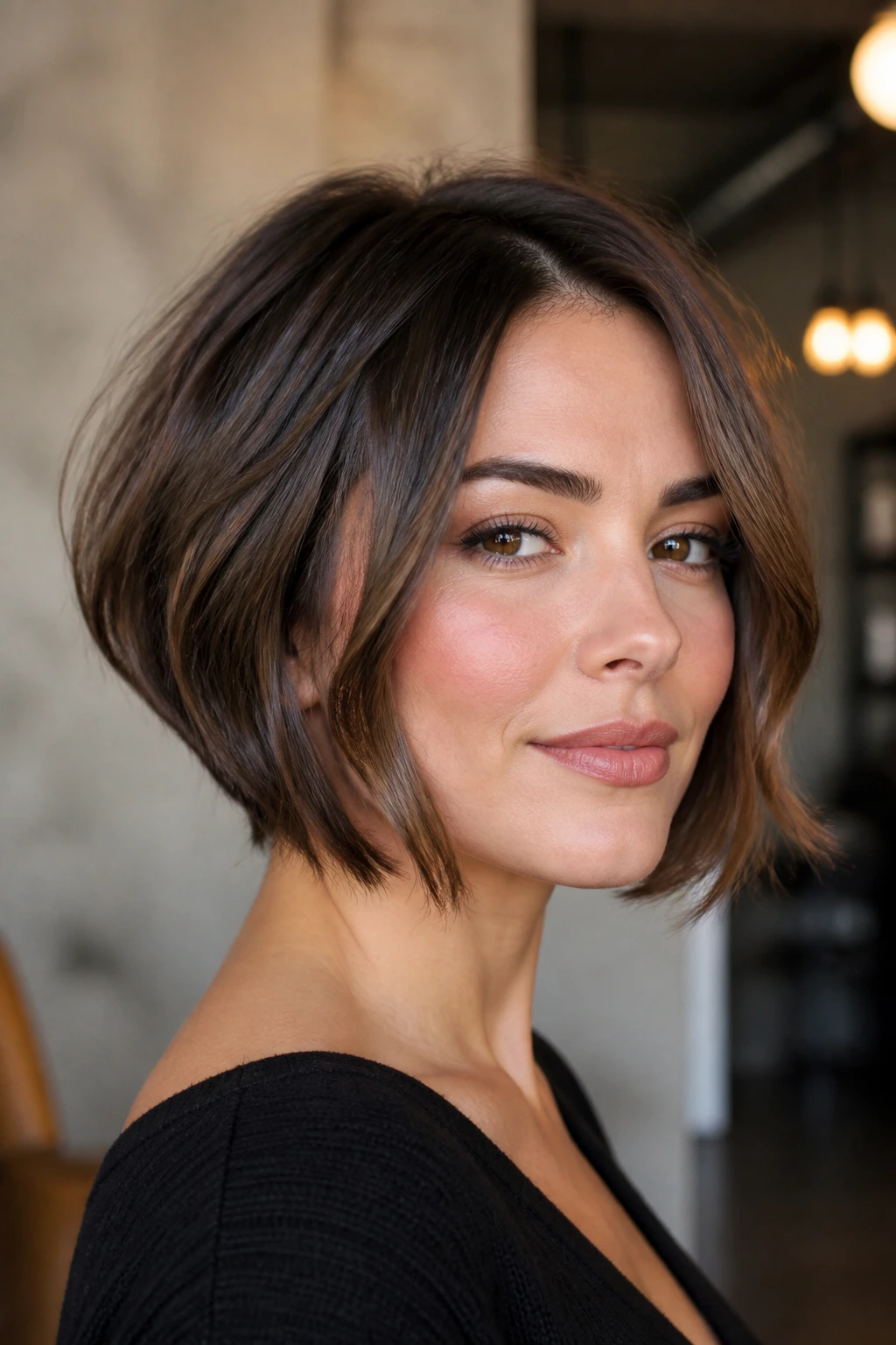 Portrait of a real woman with inverted bob for square face soft jawline