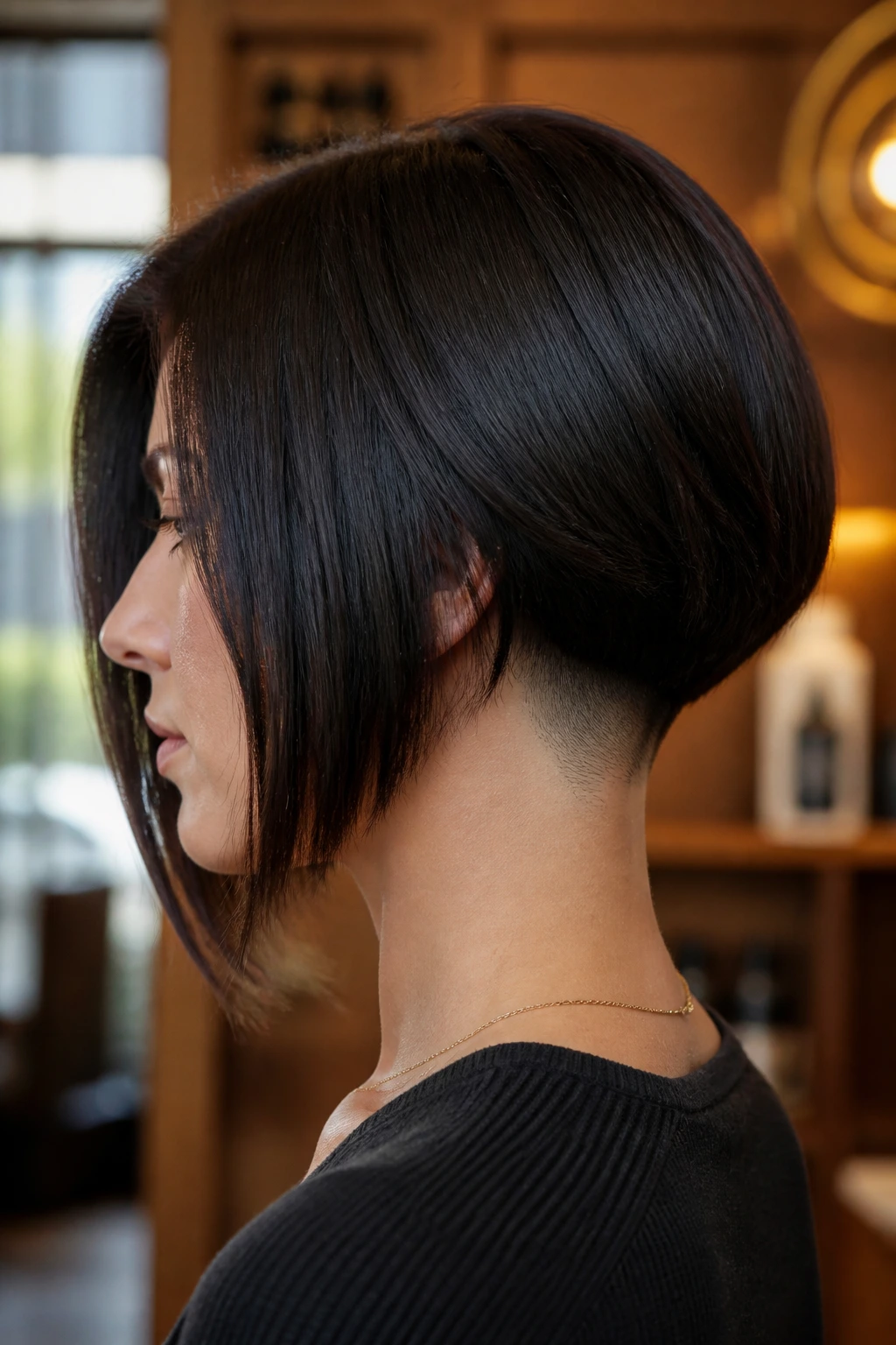 Close-up portrait of a real woman with inverted bob and nape undercut under warm salon lighting