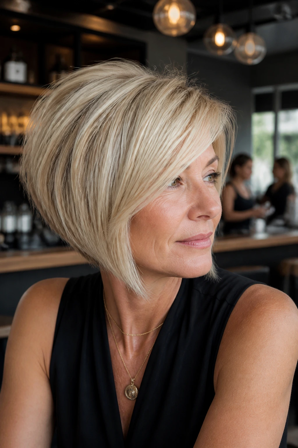 Portrait of a real woman with voluminous inverted bob in blonde