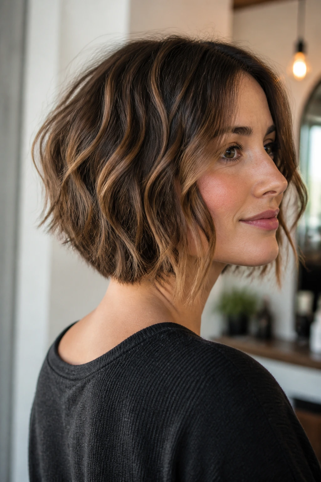 Real woman with inverted wavy bob showing back-nape angle and front length