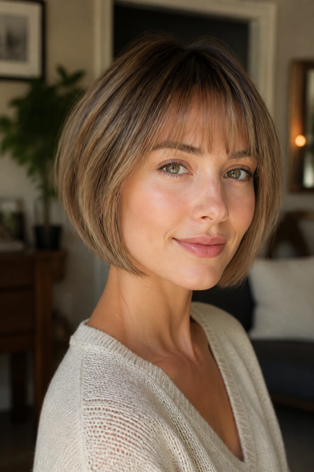 Close-up portrait of a woman with inverted bob and wispy bangs in warm window light