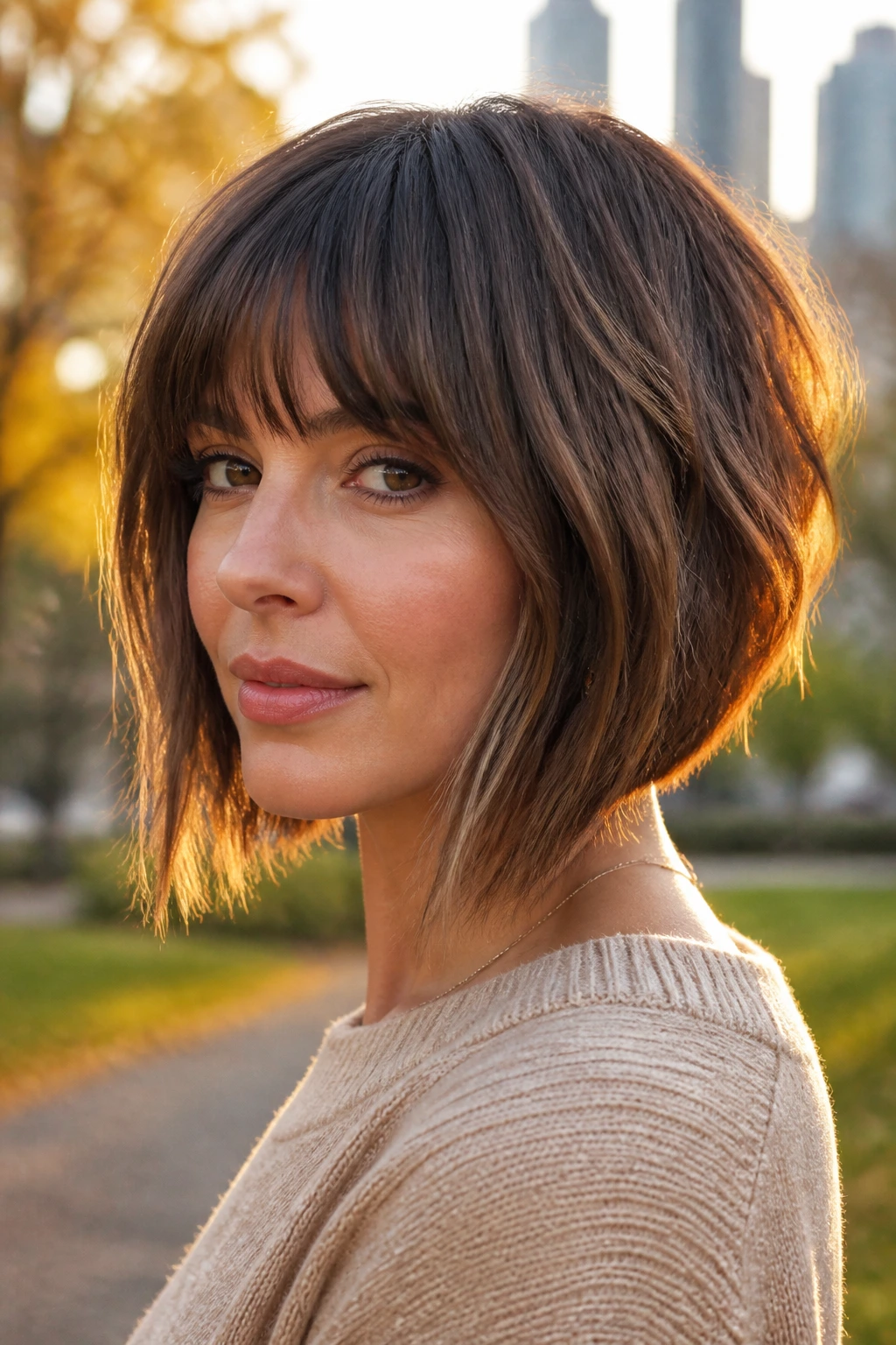 Portrait of a real woman with inverted choppy bob and wispy bangs at golden hour.