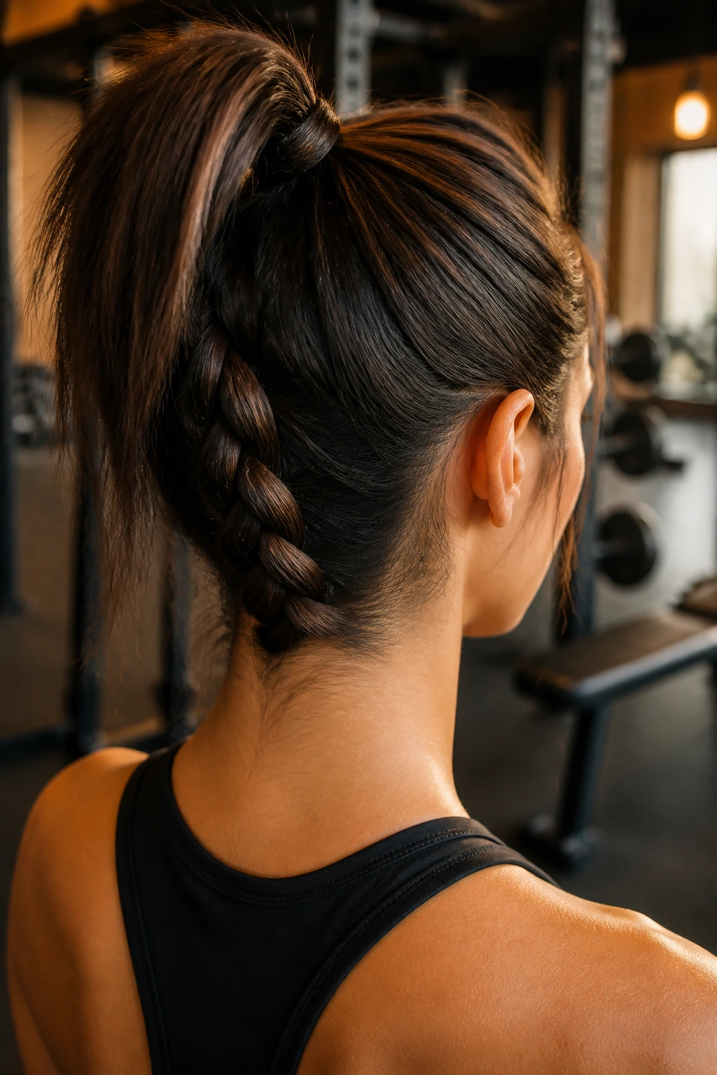 Back-of-head view of inverted braid pony in a gym