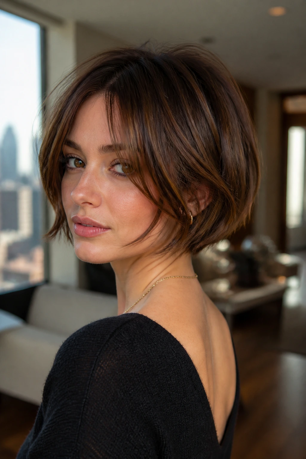 Medium close-up of a real woman with inverted choppy bob and face-framing fringe in a chic apartment