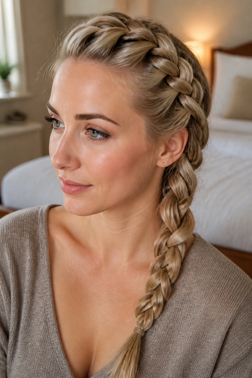 Close-up of a woman with inverted Dutch braid in cozy bedroom