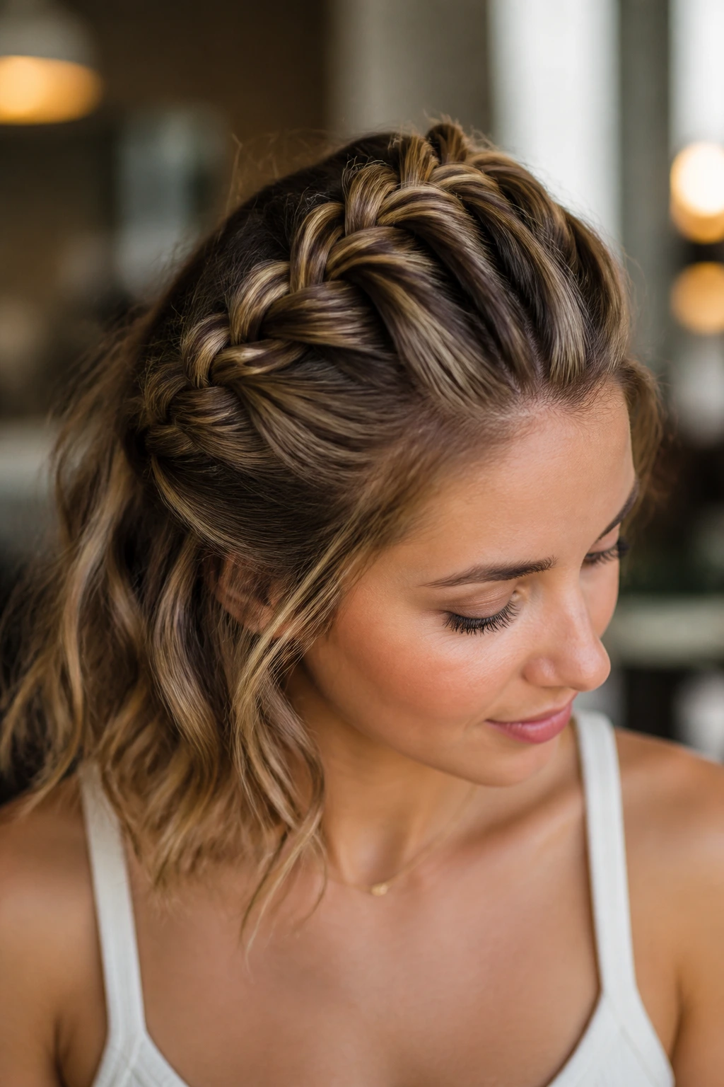 Close-up of a real woman with an inverted Dutch French braid on top of her head