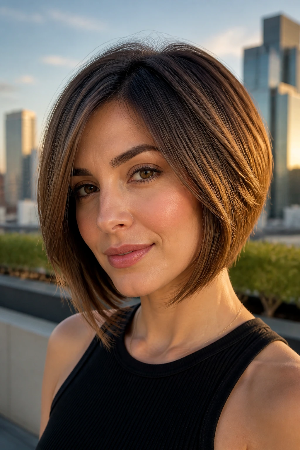 Close-up portrait of a woman with a layered inverted feathered bob