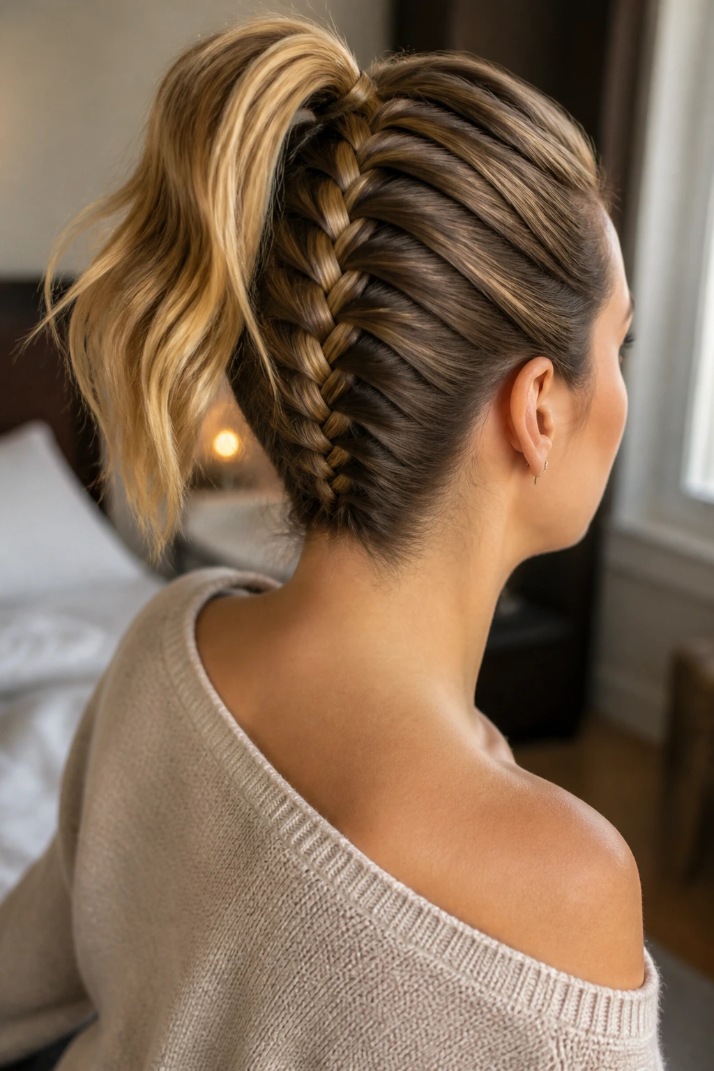 Close-up of inverted French braid from nape to crown on a real woman with high ponytail in a cozy bedroom.