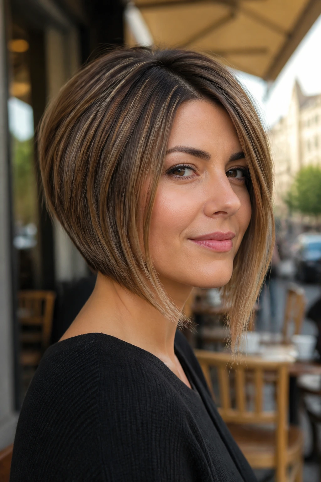 Portrait of a person with inverted layered bob hairstyle in daylight