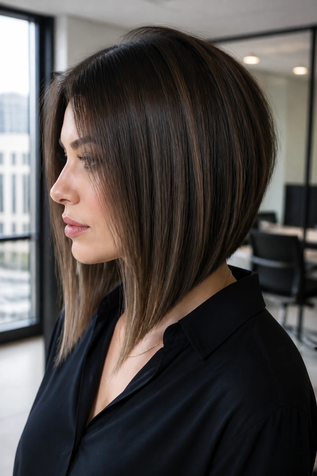 Close-up of blunt-cut inverted lob with high back on a real person in an office setting