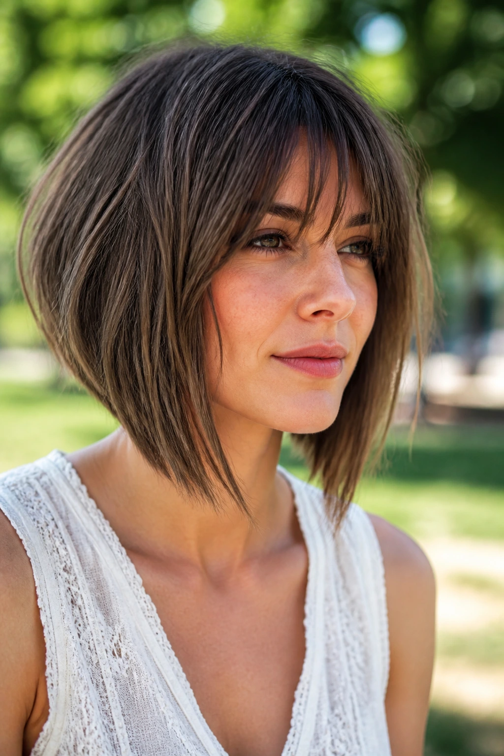 Portrait of a real woman with inverted lob and piecey bangs in outdoor light.