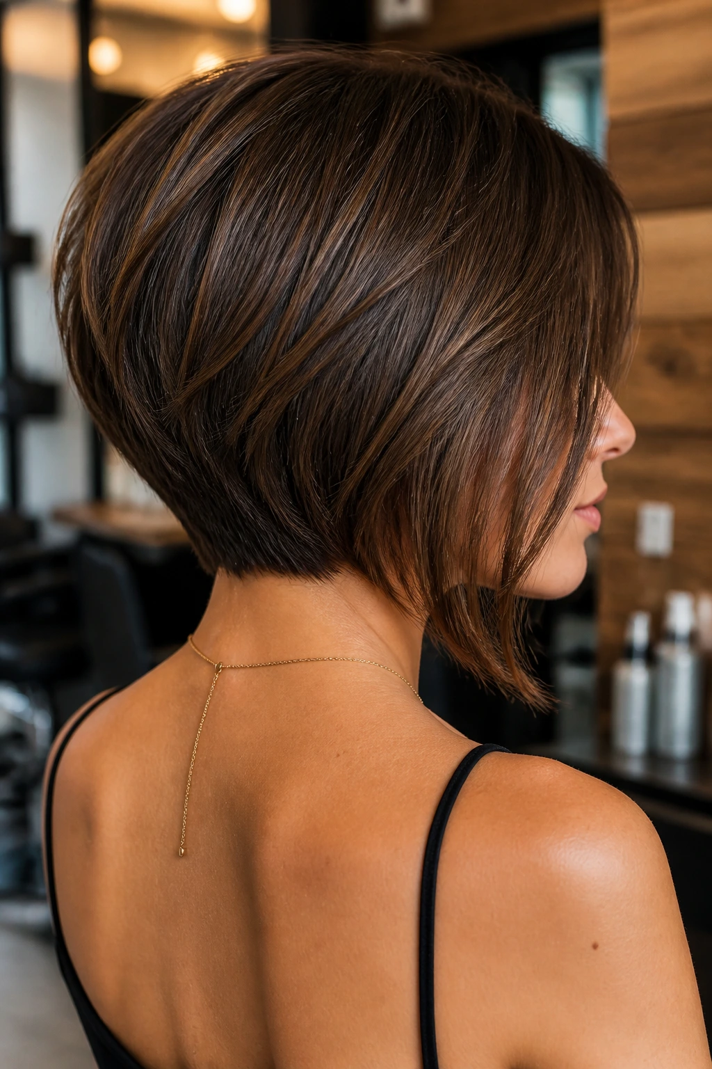Rear three-quarter portrait showing stacked back inverted lob in chic salon setting