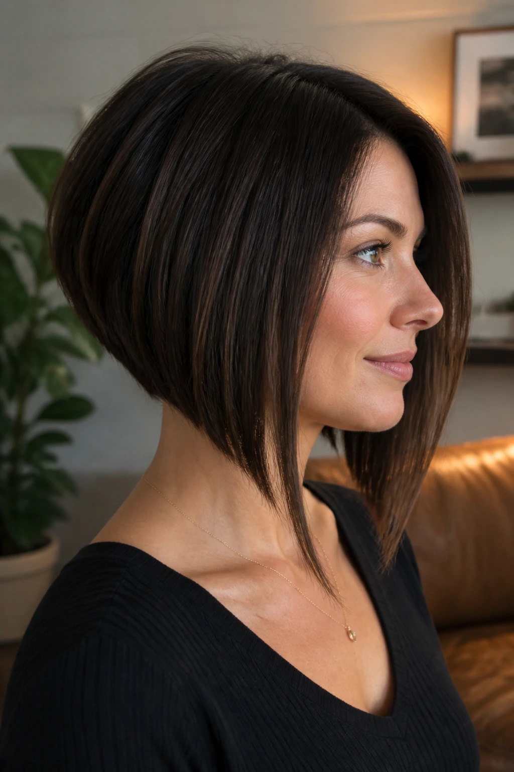 Close-up of a real woman with inverted lob and stacked-back nape, bold angular silhouette