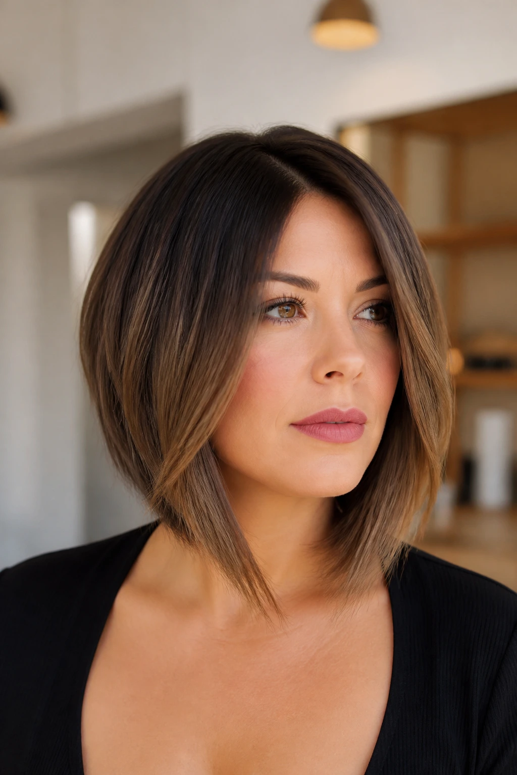 Close-up portrait of a real woman with inverted lob and soft textured ends