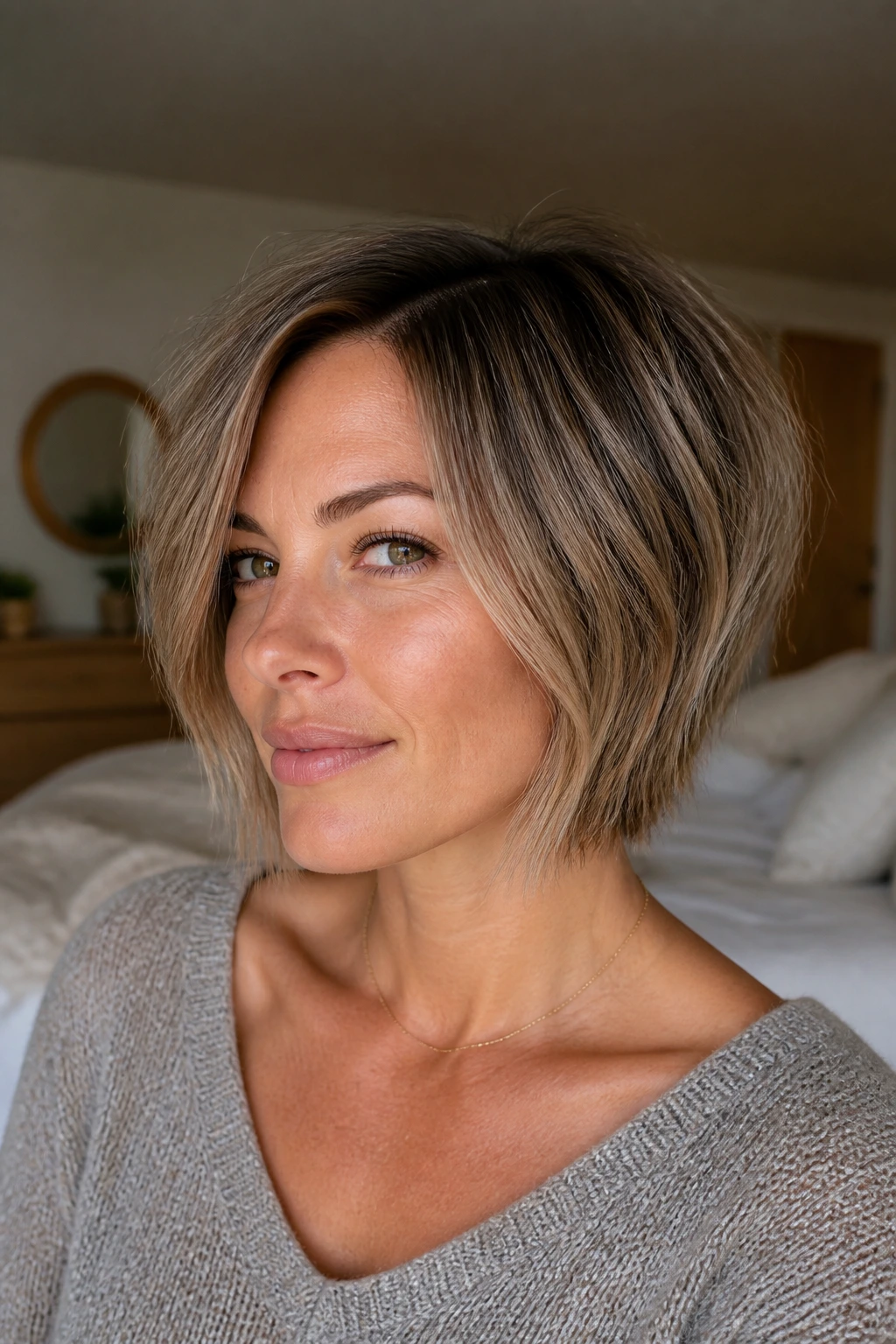 Close-up of a real woman with a textured inverted lob showing longer front and stacked back