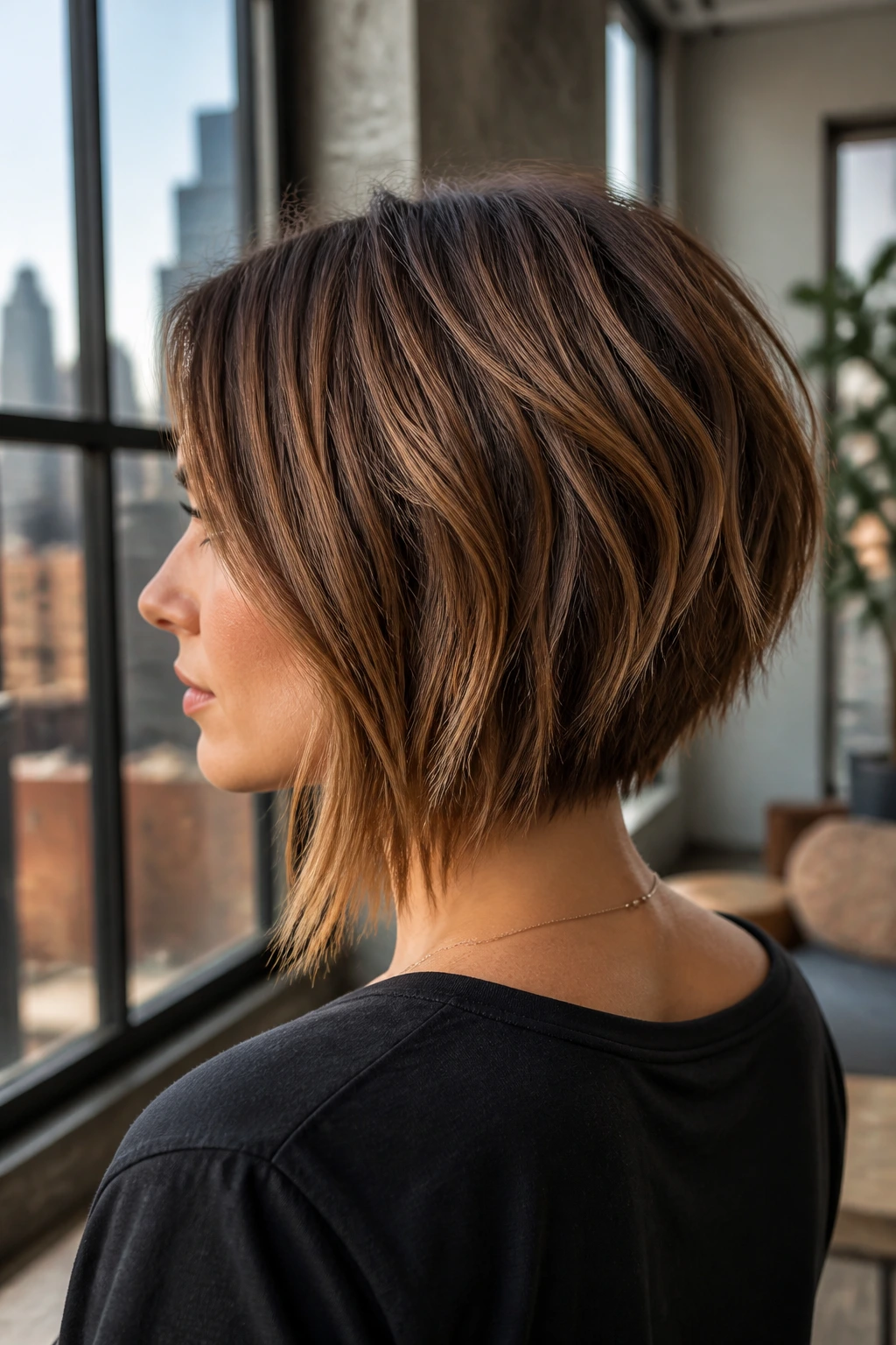 Portrait of a real woman with a textured inverted lob showing a shorter back and longer front with choppy layers.