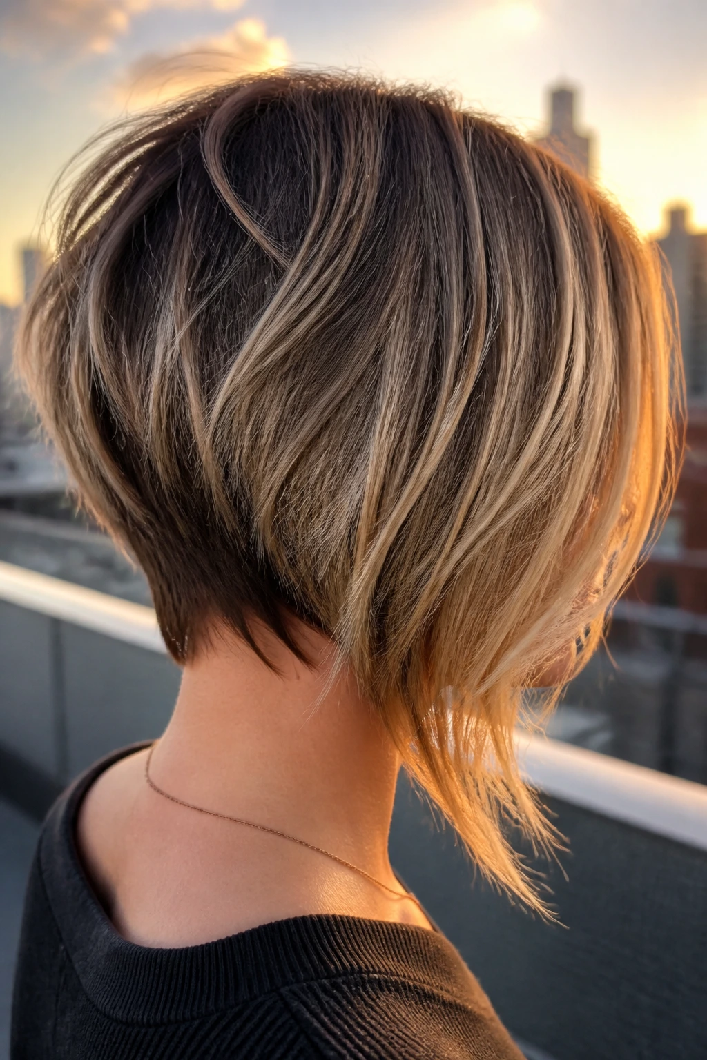 Back view of real person with inverted shaggy lob on a rooftop