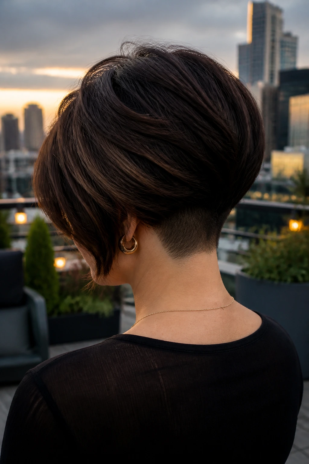 Rear three-quarter view of a real person with an inverted stacked bob and hidden undercut