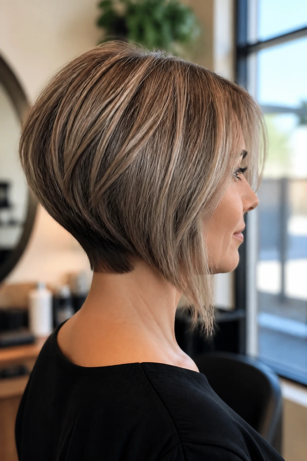 Side-profile of a real woman with inverted stacked bob showing back layers