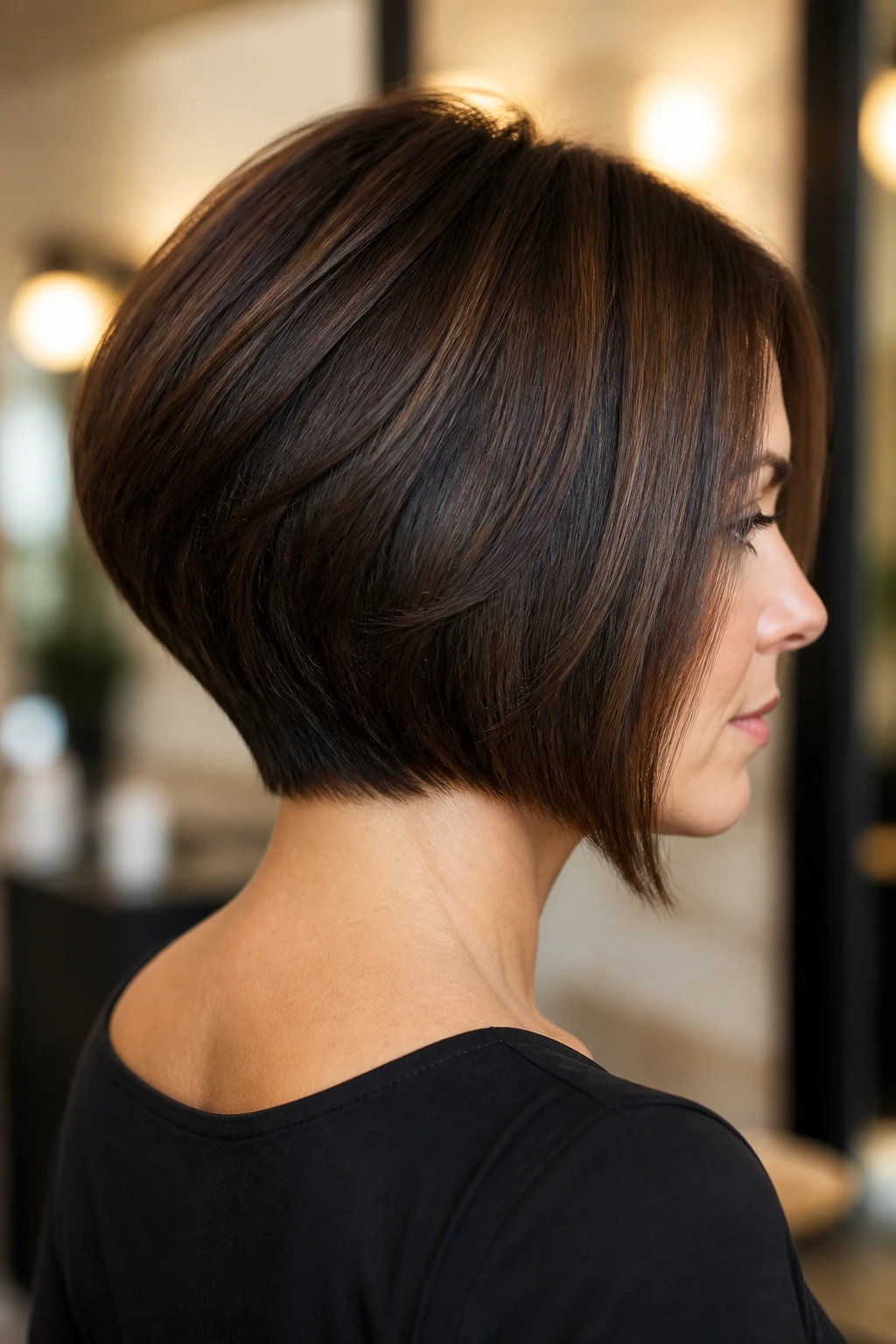 Side-profile or back view of a real woman with inverted stacked bob