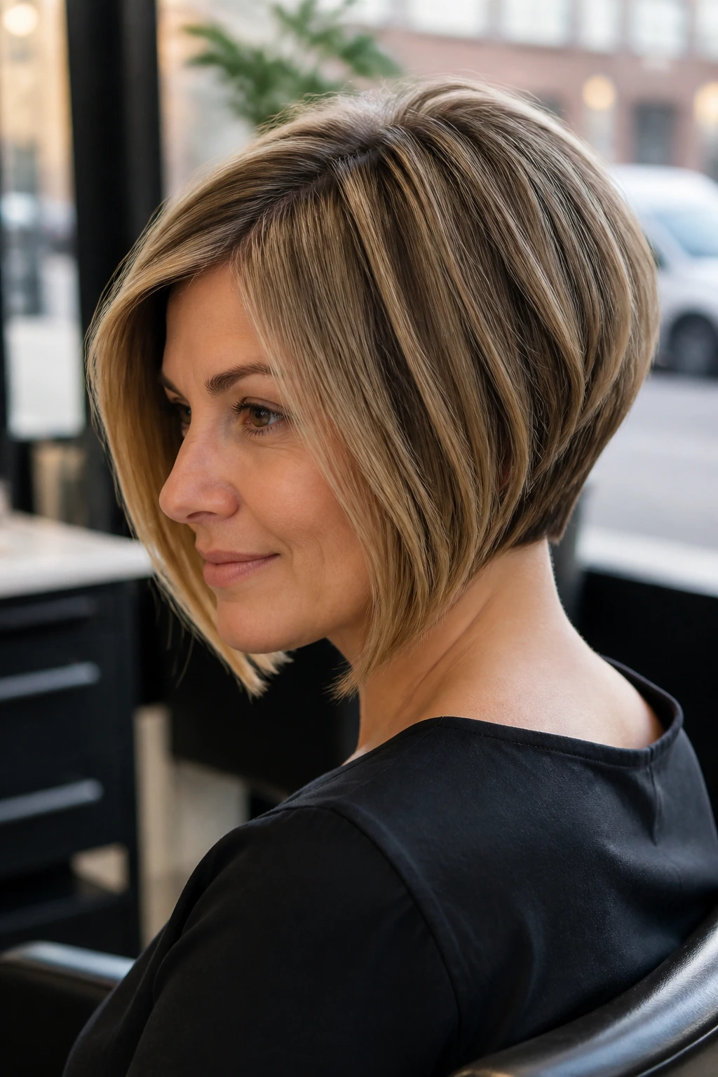 Close-up portrait of inverted stacked bob on a real woman with soft layers for volume
