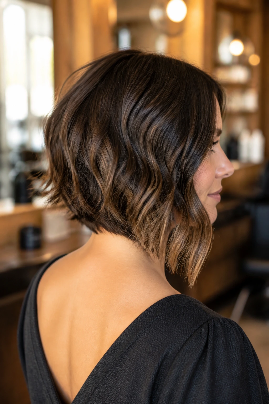 Three-quarter rear view of a real woman with mid-length wavy inverted bob