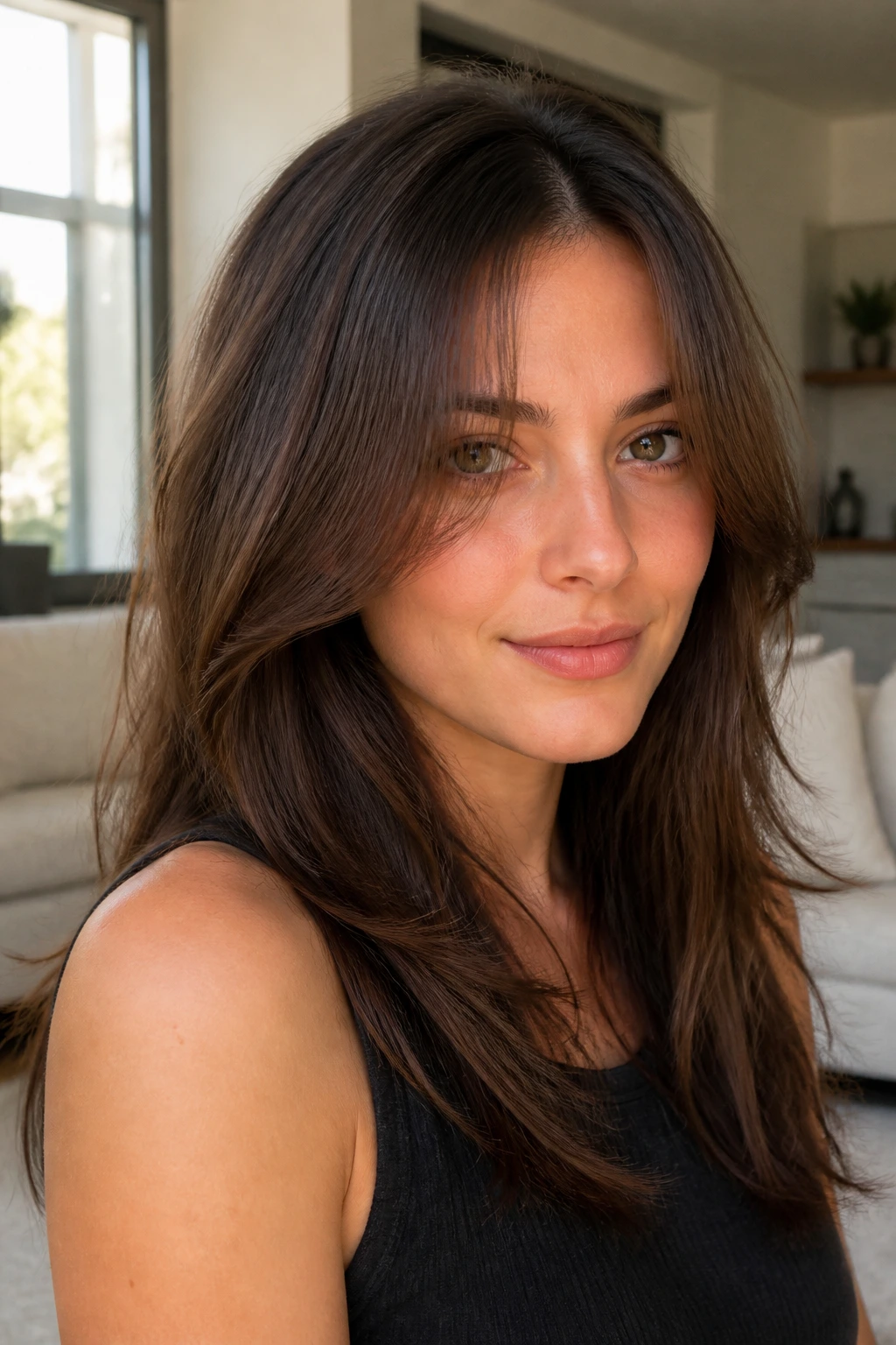 Close-up portrait of a real person with invisible long-layered bangs blending into hair