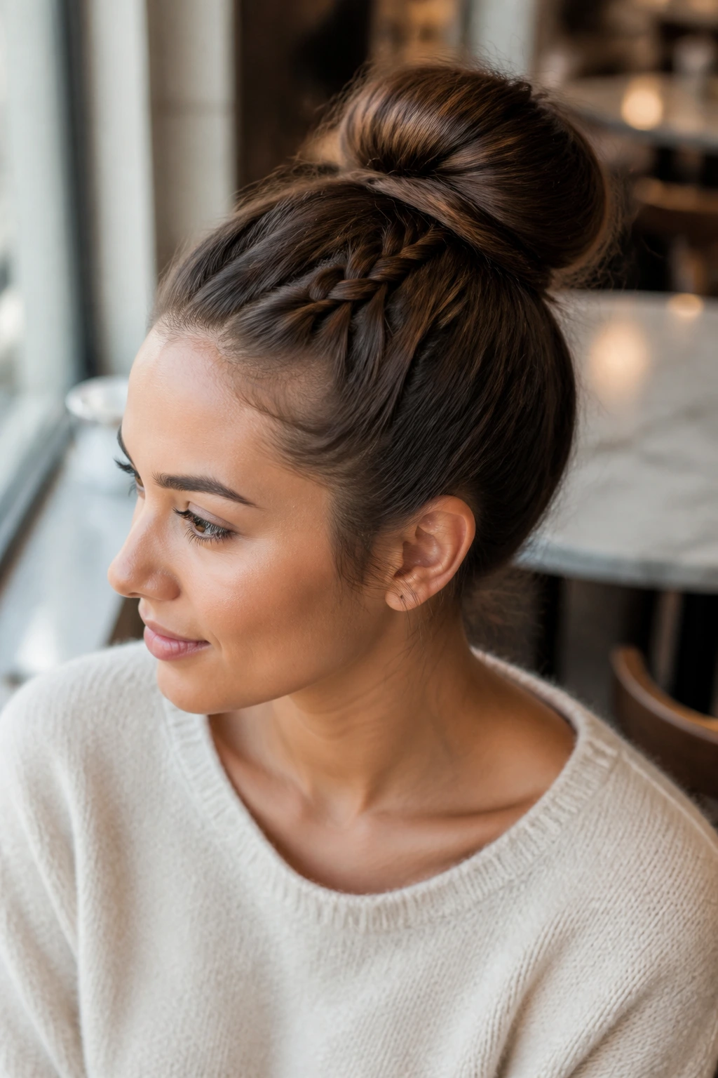 Medium close-up of a woman showing an invisible braid leading to a high bun in a cafe setting