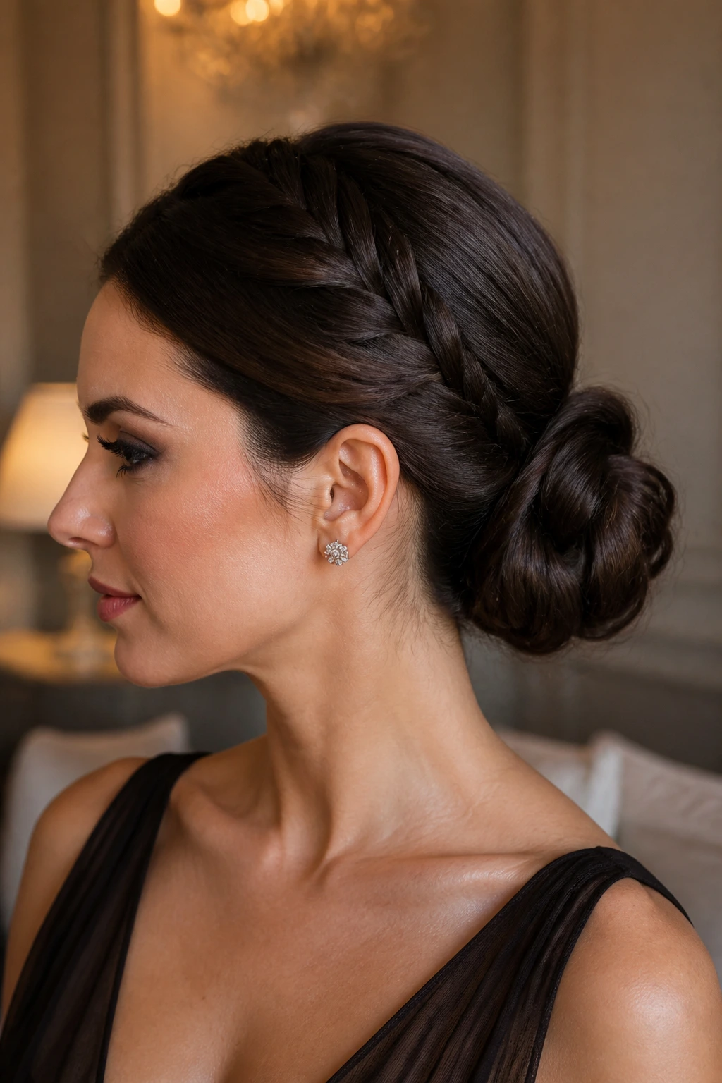 Close-up of Invisible Braid into a Chignon on a real woman showcasing a braid feeding into a chignon at the nape