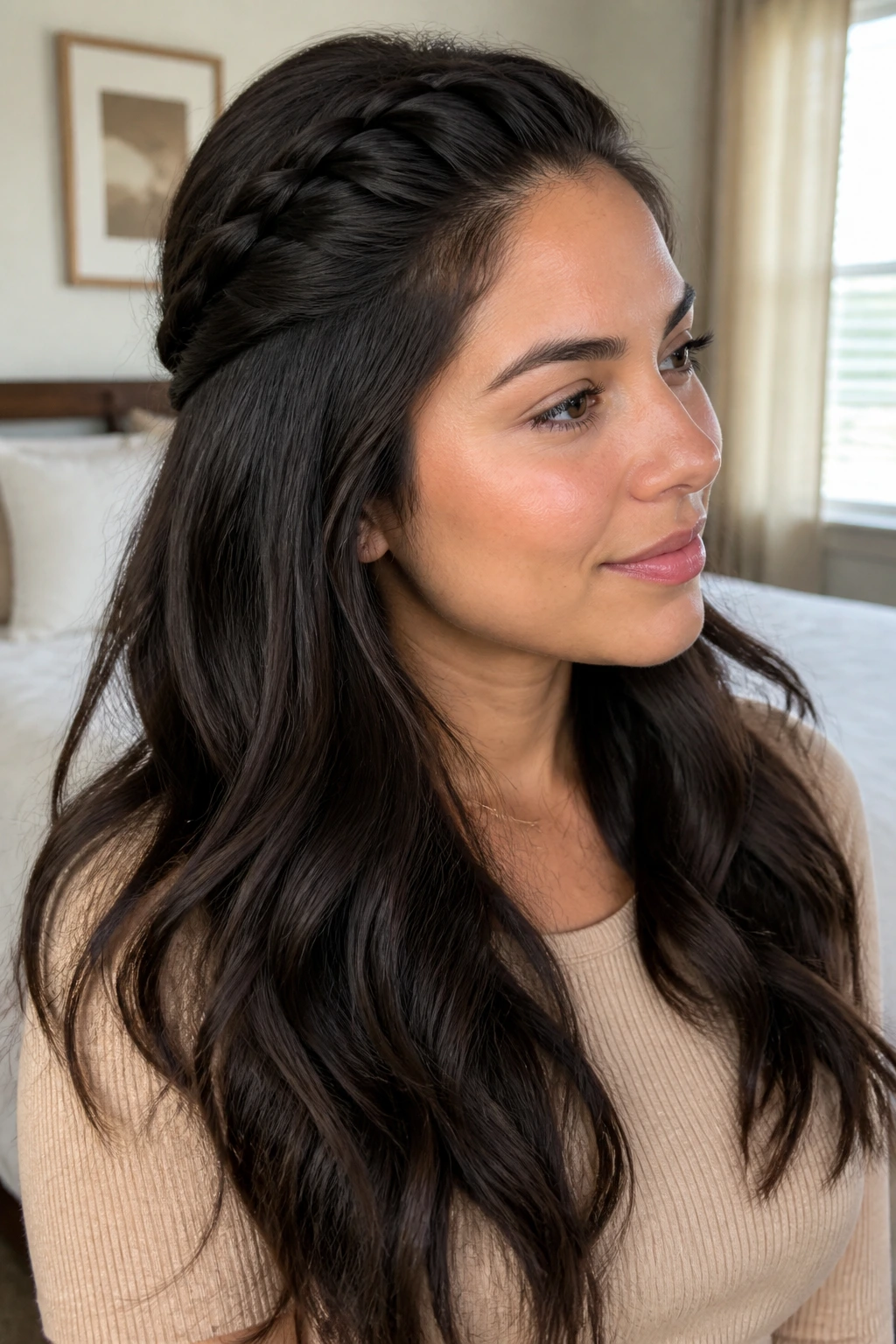 Close-up of a real woman with an invisible braid on top and loose ends over thick hair.