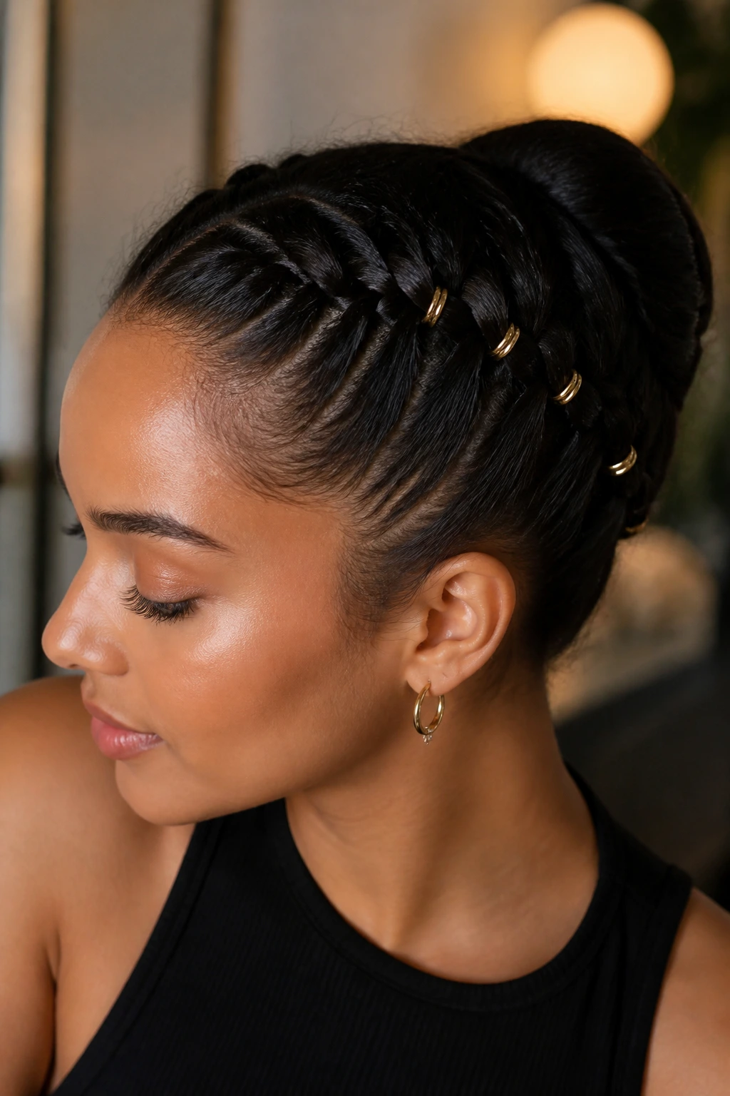 Close-up of Invisible Braid with Rings on a real woman's hair showing rings along the braid