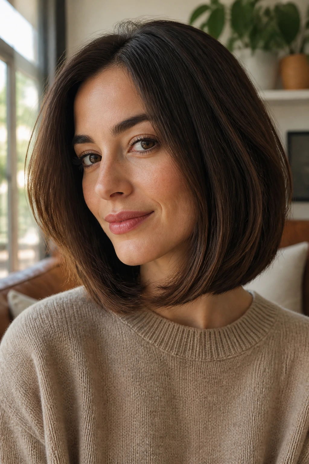 Close-up of a real woman with an invisible layered long bob